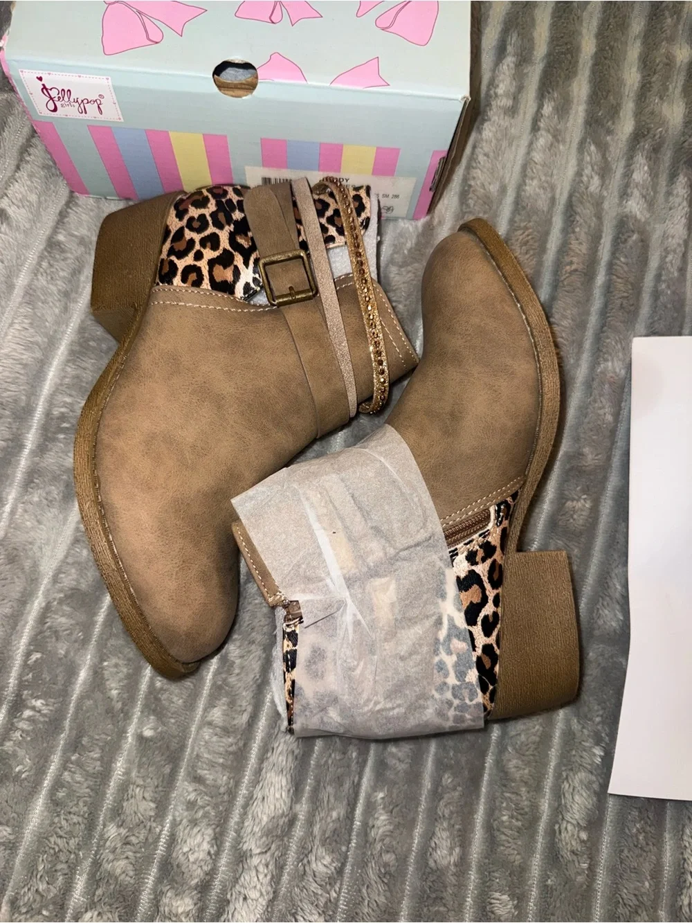 Jellypop Tan Ankle Boots with Leopard Accent and Rhinestone Strap